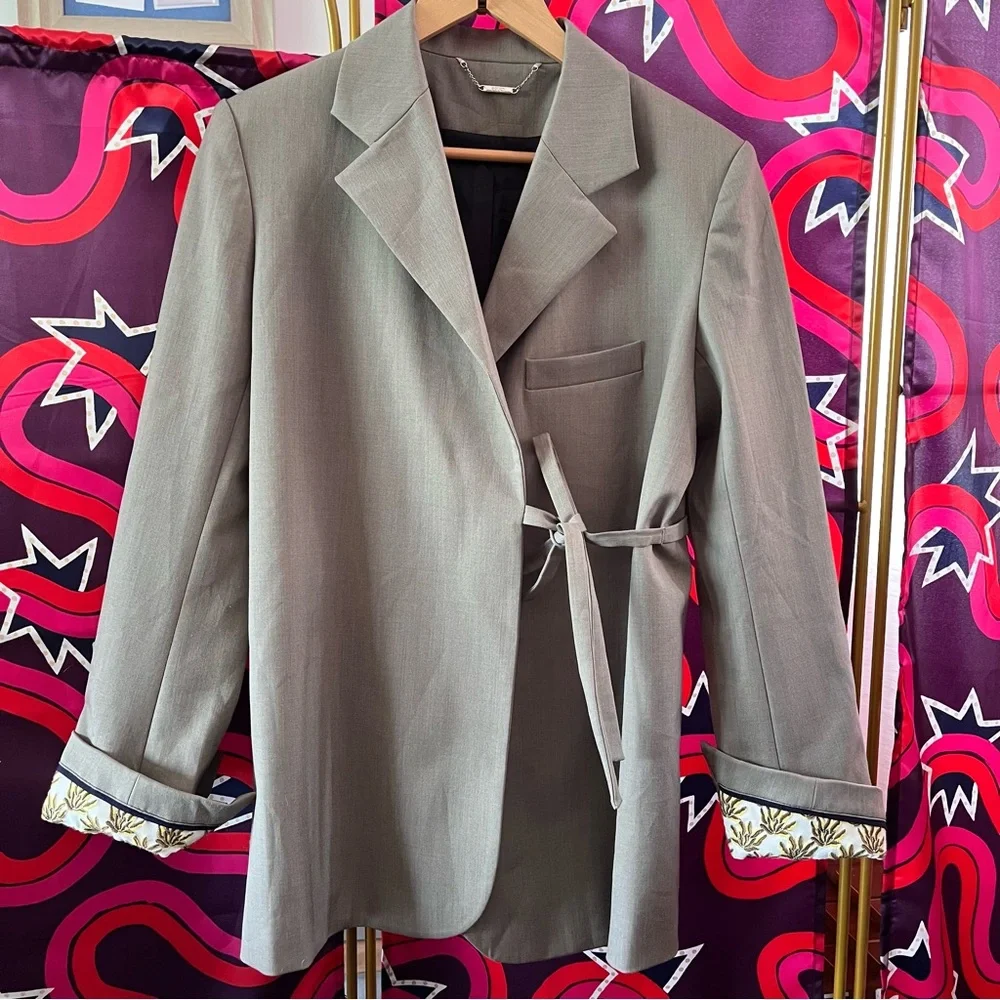 Chloe Wool Twill Jacket Side Tie Blazer Grey France Embroidered Belted Belt Rare - Picture 3 of 15